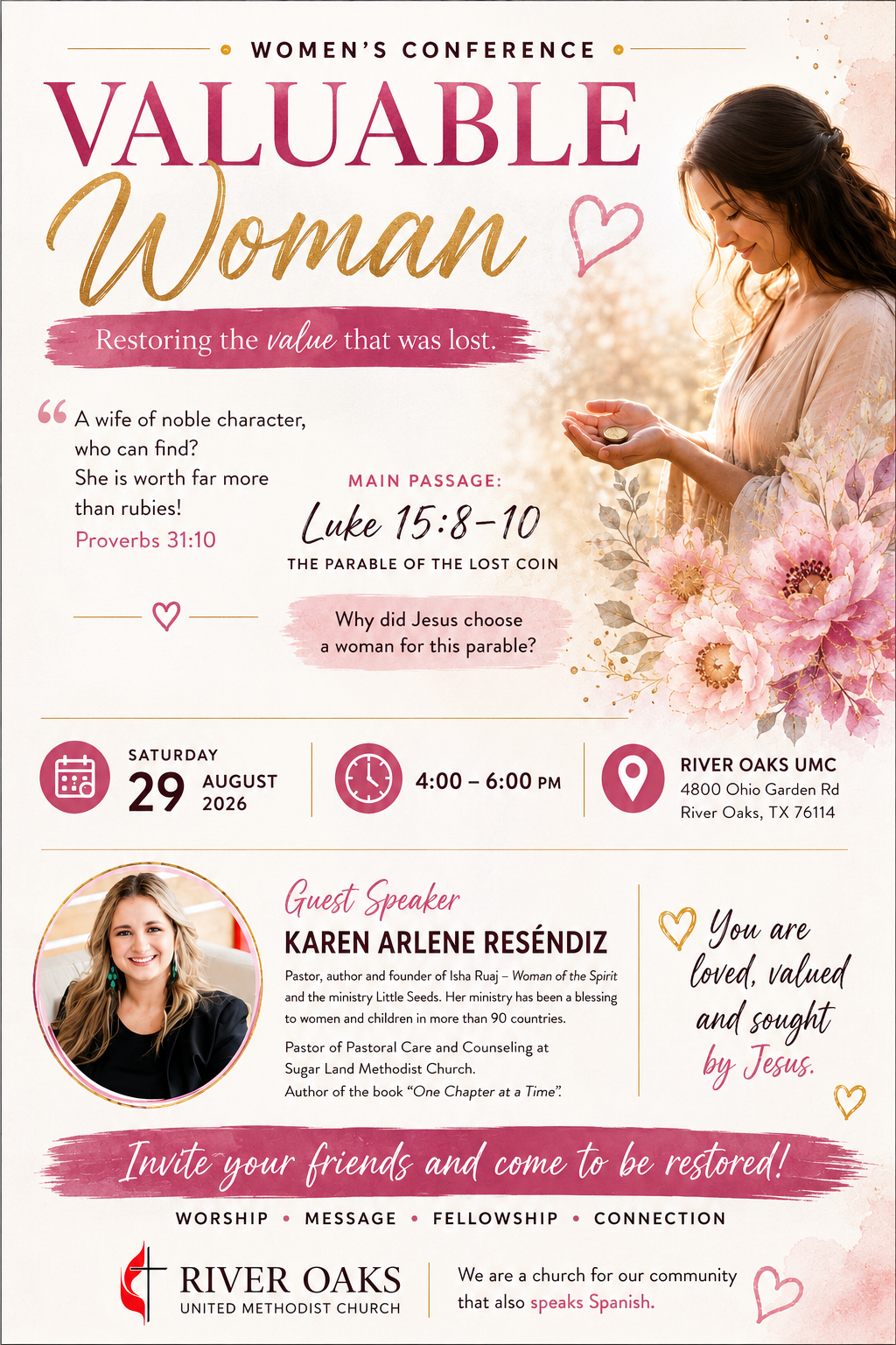 Valuable Woman Women's Conference — Saturday August 29, 2026, 4:00–6:00 PM at River Oaks UMC. Guest speaker Karen Arlene Reséndiz.